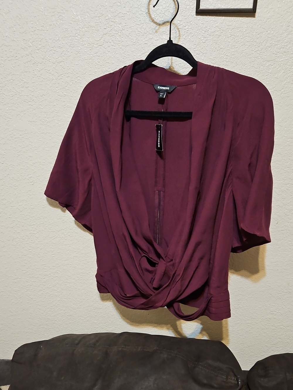 Express Women's Wine Twist-Front Short Sleeve Blouse